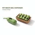 Green pet waste bag dispenser with matching refill rolls on a white background