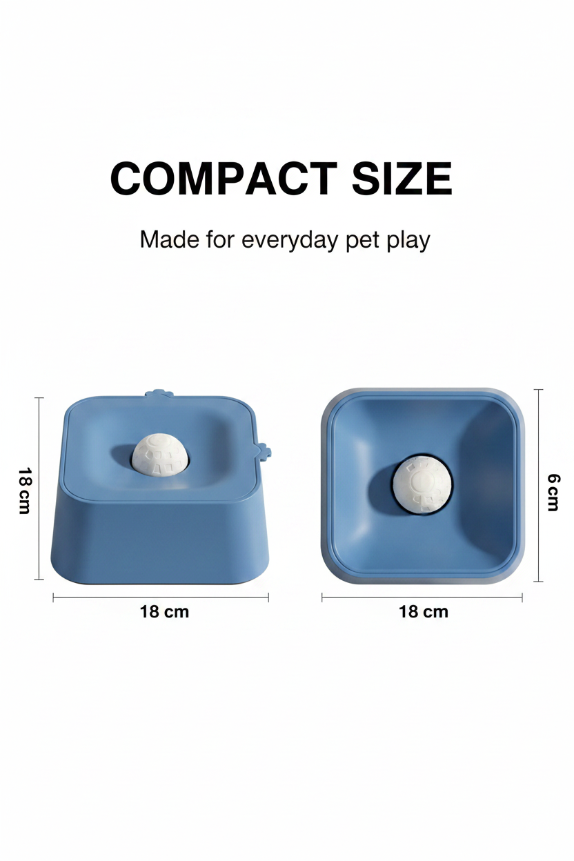 Blue interactive pet toy size guide showing 18 by 18 by 6 centimeters