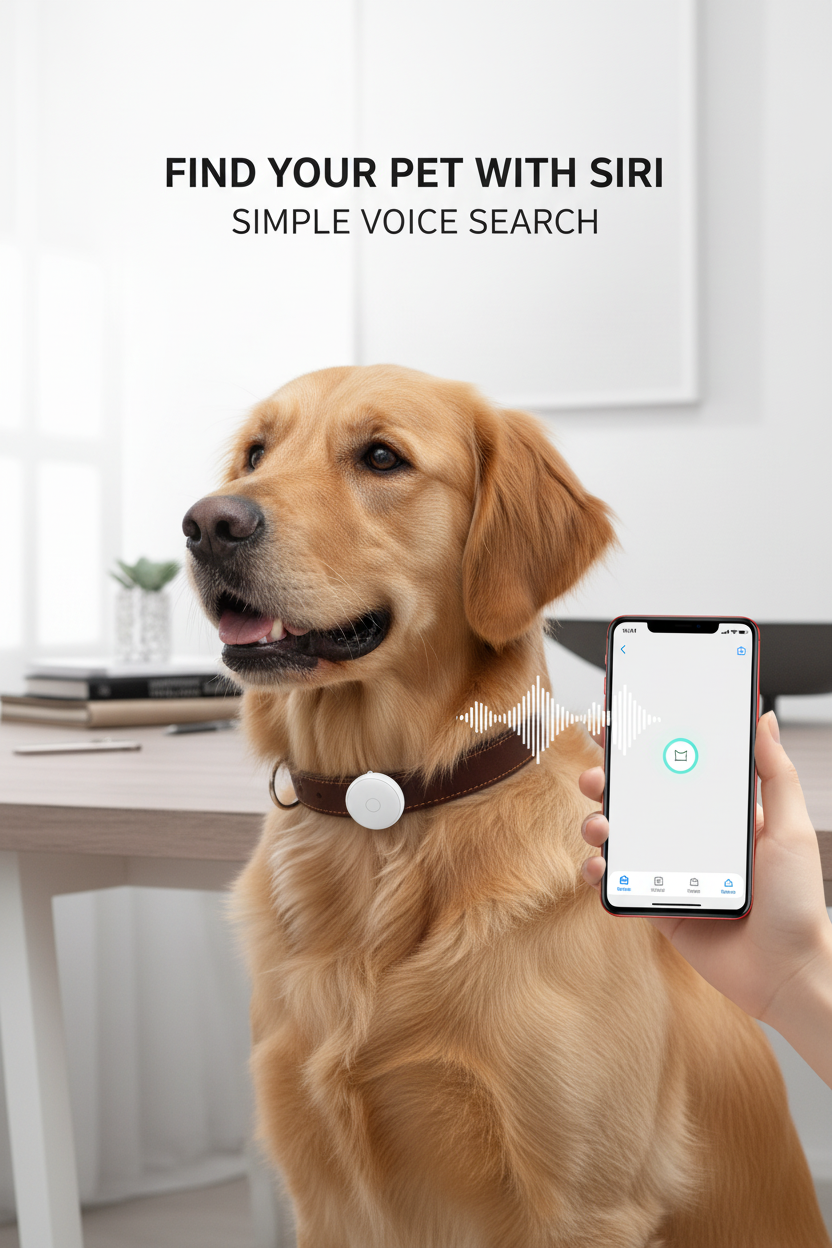 Dog wearing a collar with a tracker and owner using a smartphone