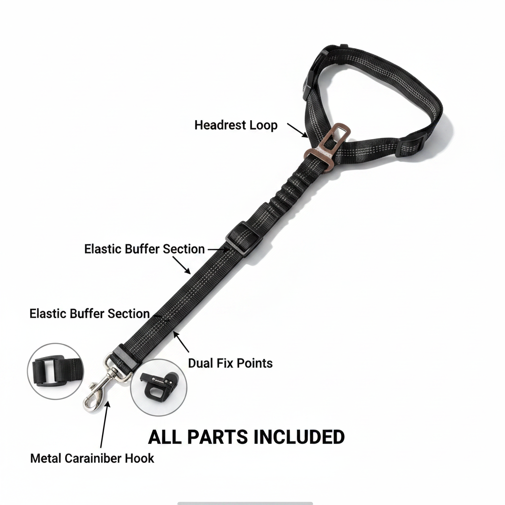 Dog Car Safety Belt — Adjustable Elastic Buffer Leash (Black / Pink / Red)
