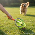 Hand scooping dog waste on grass without bending, no-touch pickup