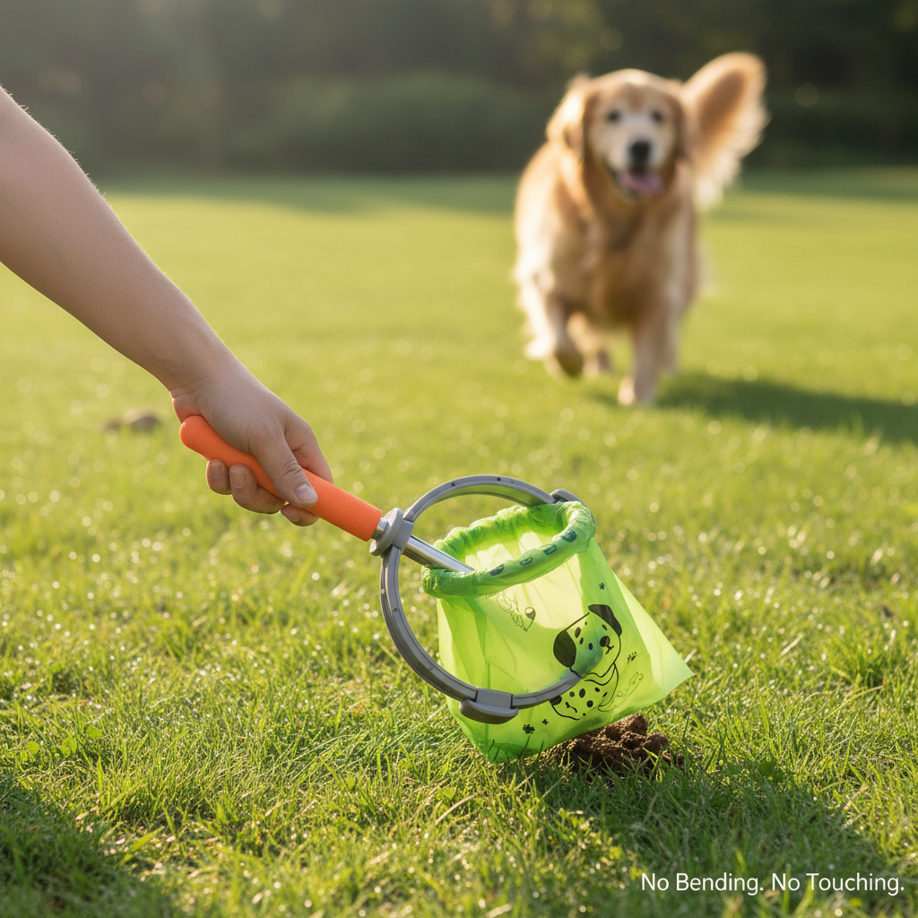 Hand scooping dog waste on grass without bending, no-touch pickup