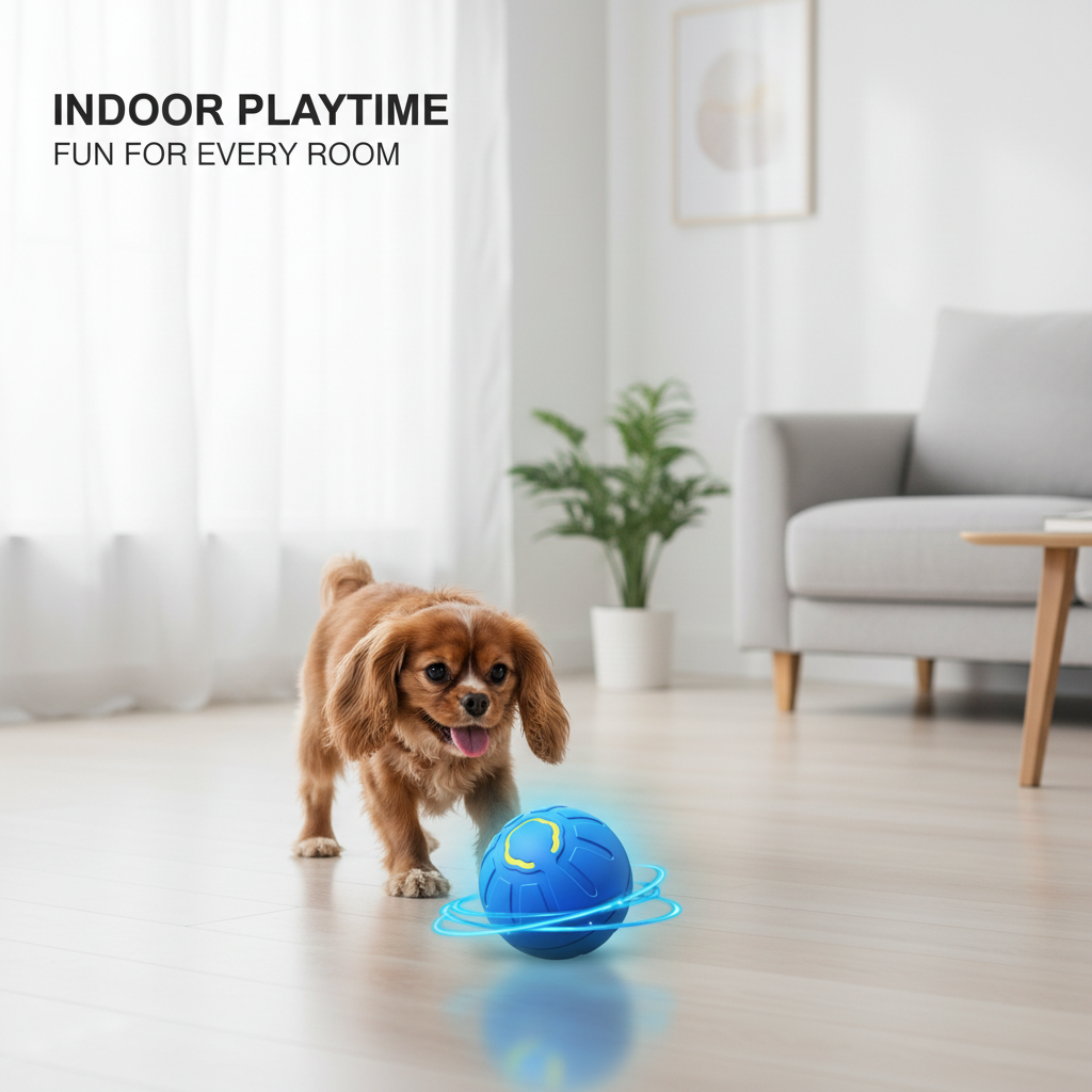 Dog playing with a glowing blue smart ball indoors