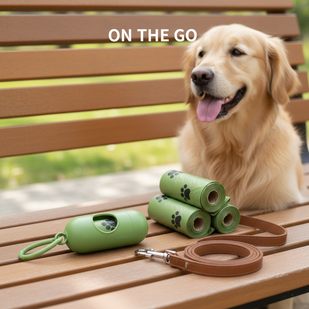 Green pet waste bag dispenser and refill rolls beside a dog leash on a park bench