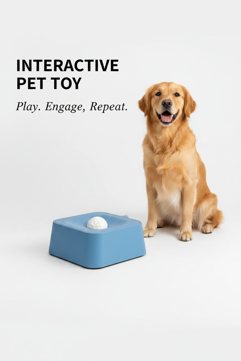 Blue interactive pet toy with a white textured play ball beside a happy dog