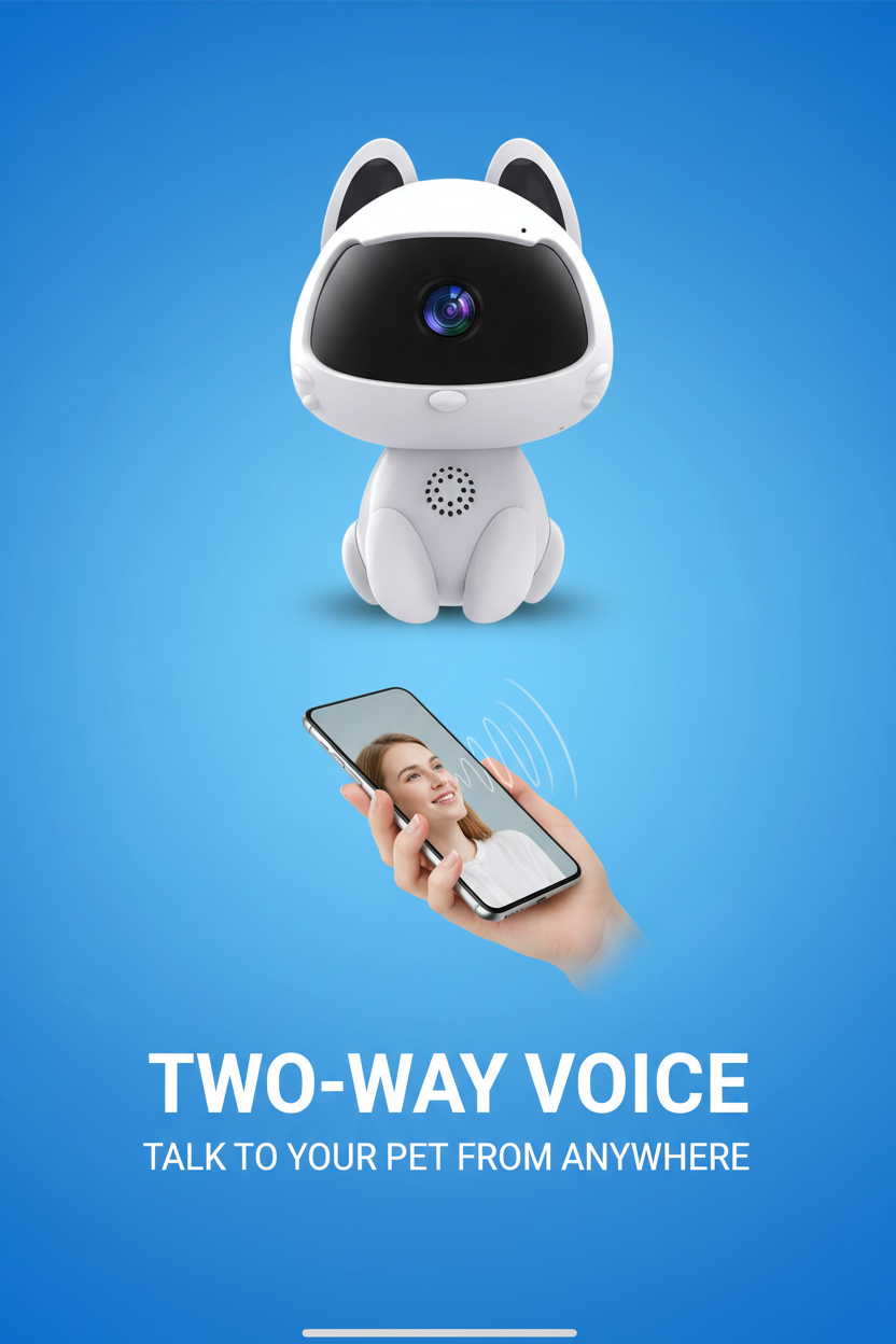 V380 Pro pet camera with a person speaking through a smartphone