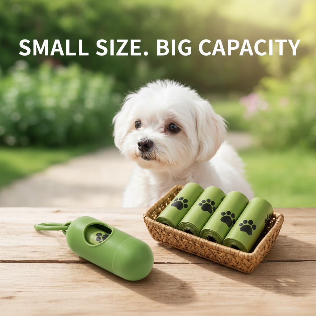 Green pet waste bag dispenser and matching refill rolls with a small dog