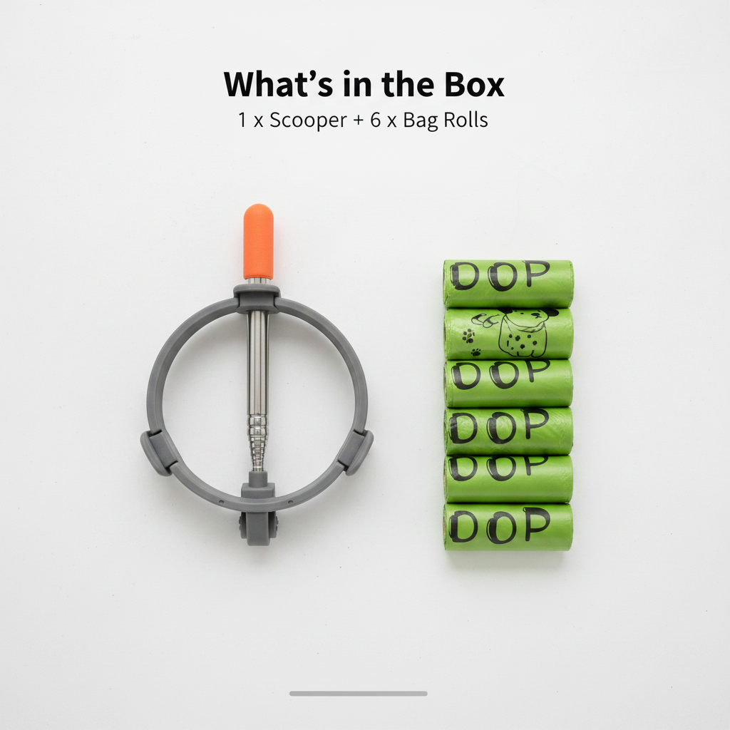 Box contents flat lay: one pooper scooper and six waste bag rolls